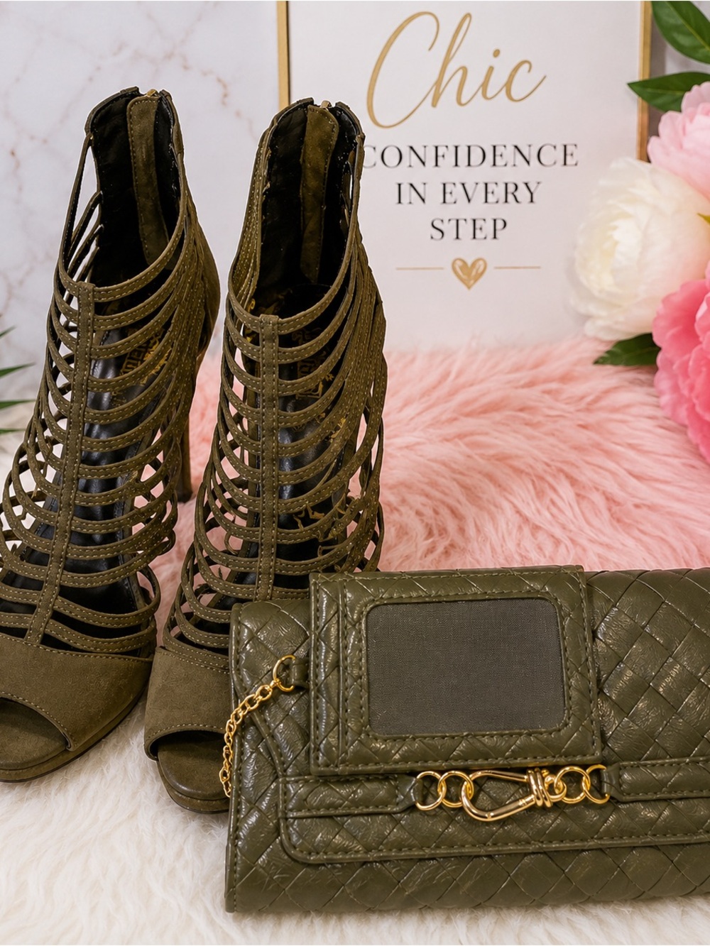 🫒Olive Green Heel   & New Clutch Set Bundle – Chic Coordinated Look
